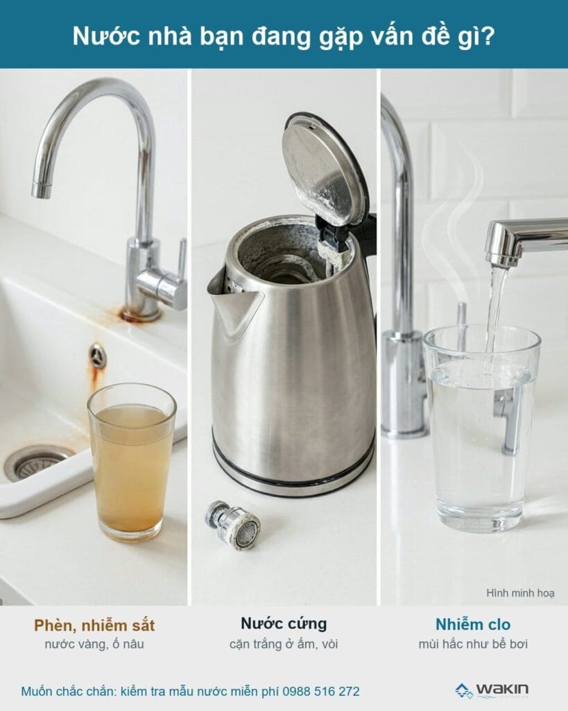 Hình minh hoạ ba dấu hiệu nước phèn, nước cứng và nước nhiễm clo